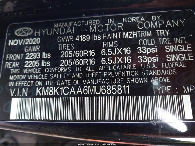 KM8K1CAA6MU685811 Hyundai Kona Se