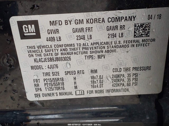 2018 Buick Encore Preferred მანქანა იყიდება აუქციონზე, vin: KL4CJESB9JB693026, აუქციონის ნომერი: 43785122