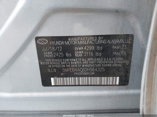 43785148 :رقم المزاد ، 5NPEB4AC6DH564325 vin ، 2013 Hyundai Sonata Gls مزاد بيع