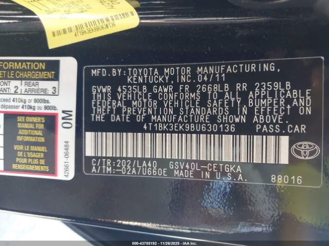 2011 TOYOTA CAMRY 4T1BK3EK9BU630136 Photo 8