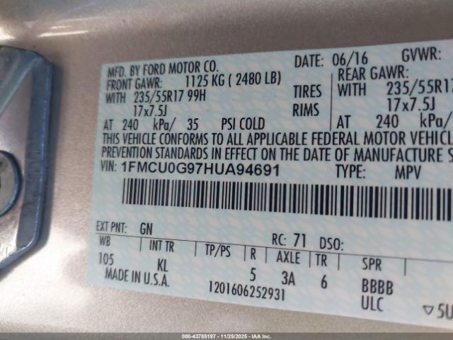 2017 FORD ESCAPE 1FMCU0G97HUA94691 Photo 8
