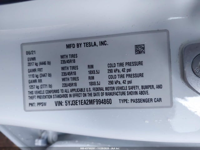 2021 TESLA MODEL 3 5YJ3E1EA2MF994860 Photo 8