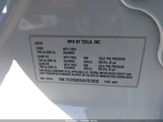 2020 TESLA MODEL Y 5YJYGDEE4LF019232 Photo 8