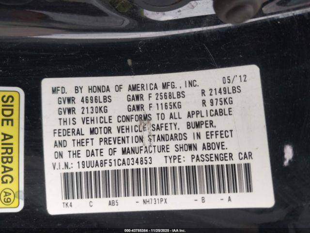 2012 ACURA TL 19UUA8F51CA034853 Photo 8