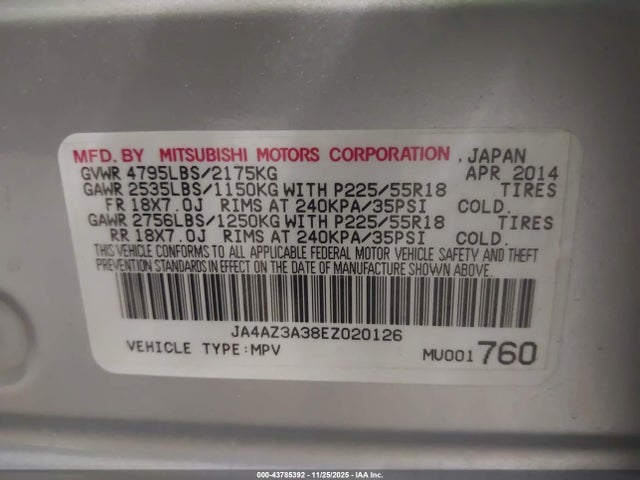 2014 MITSUBISHI OUTLANDER JA4AZ3A38EZ020126 Photo 8
