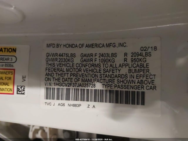 1HGCV2F37JA025728 Honda Accord Sport 2.0t