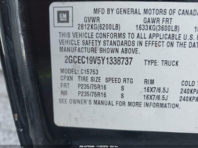 43785460 :رقم المزاد ، 2GCEC19V5Y1338737 vin ، 2000 Chevrolet Silverado 1500 Ls مزاد بيع