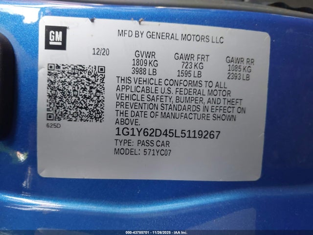 1G1Y62D45L5119267 Chevrolet Corvette Stingray Rwd 1lt
