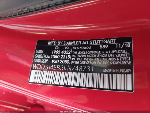 43785721 :رقم المزاد ، WDDSJ4EB3KN748731 vin ، 2019 Mercedes-benz Cla 250 مزاد بيع