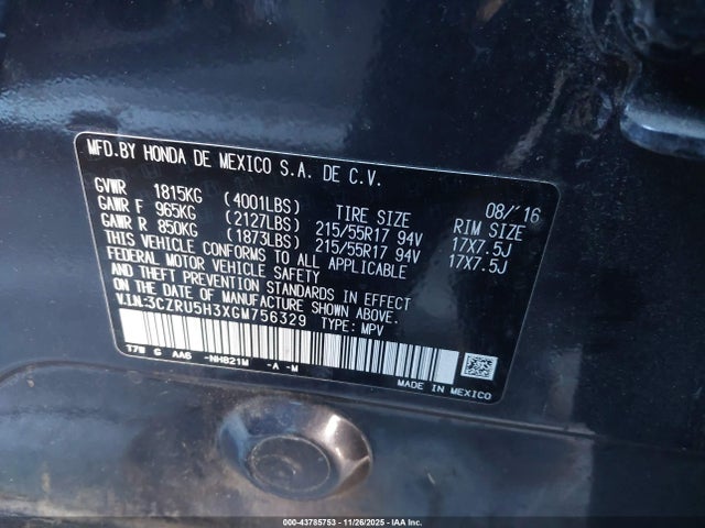3CZRU5H3XGM756329 Honda HR-V LX