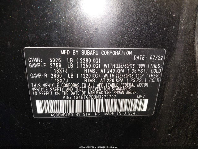 4S4BTGPD3N3271797 Subaru Outback Touring Xt