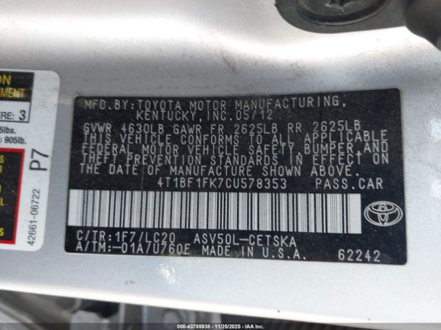 2012 TOYOTA CAMRY 4T1BF1FK7CU578353 Photo 8