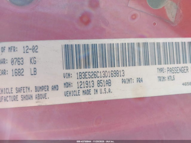 Продажа на аукционе авто 2003 Dodge Neon Se, vin: 1B3ES26C13D169813, номер лота: 43785944
