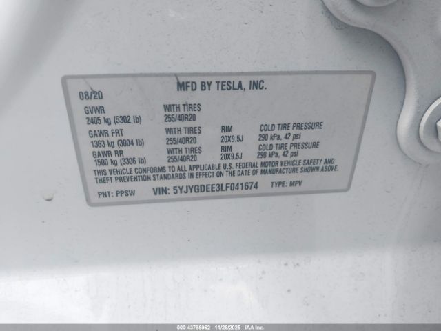 2020 TESLA MODEL Y 5YJYGDEE3LF041674 Photo 8