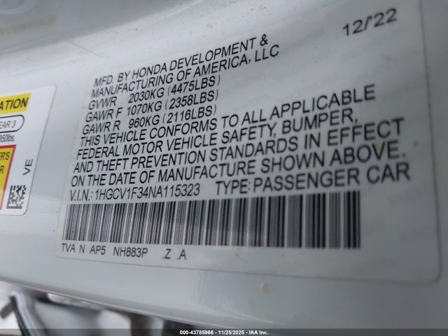 1HGCV1F34NA115323 Honda Accord Sport