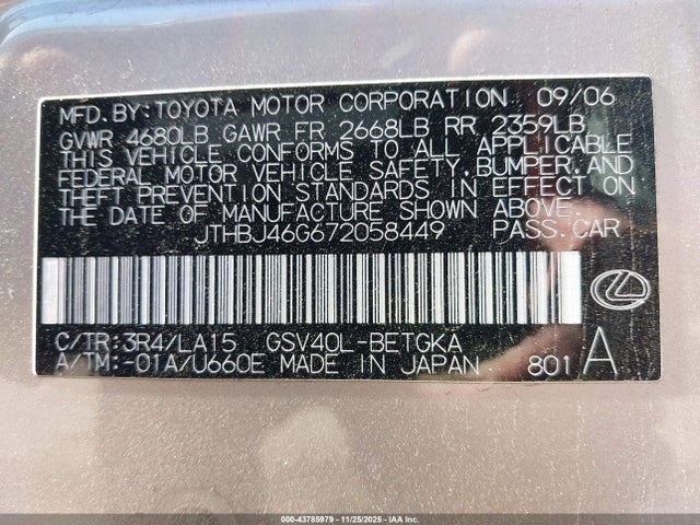 Продаж на аукціоні авто 2007 Lexus Es 350, vin: JTHBJ46G672058449, номер лоту: 43785979