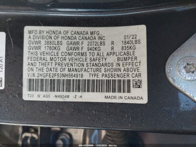 2022 HONDA CIVIC 2HGFE2F53NH564918 Photo 8