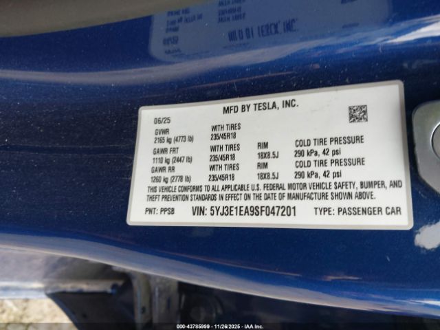 2025 TESLA MODEL 3 5YJ3E1EA9SF047201 Photo 8