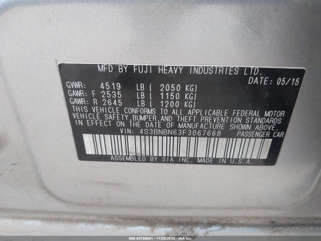 Subaru 2.5l u6 2015 4S3BNBN63F3067668 Image 9