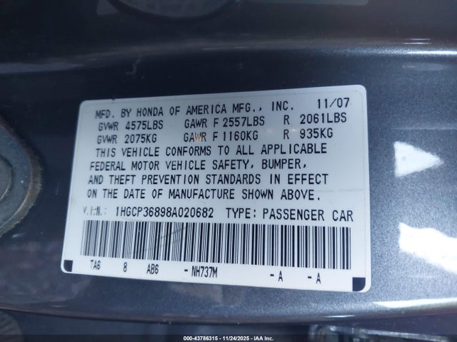 Продаж на аукціоні авто 2008 Honda Accord 3.5 Ex-l, vin: 1HGCP36898A020682, номер лоту: 43786315