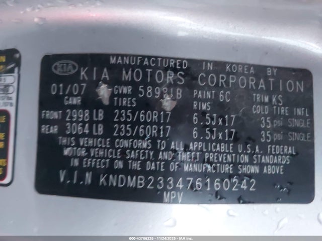 2007 KIA SEDONA KNDMB233476160242 Photo 8