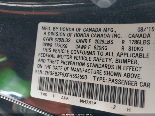 Honda Civic Ex-l 2015 2HGFB2F9XFH553590 Image 9
