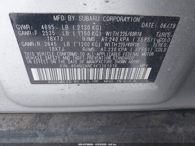 4S4BSANC9K3381016 Subaru Outback 2.5i Limited