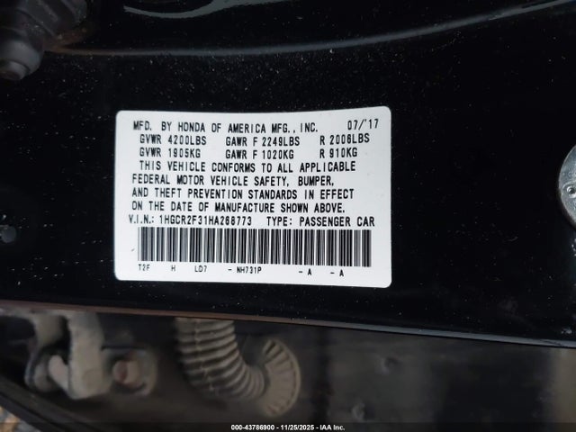 2017 Honda Accord Lx მანქანა იყიდება აუქციონზე, vin: 1HGCR2F31HA268773, აუქციონის ნომერი: 43786900