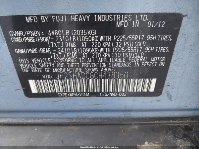 2012 SUBARU FORESTER JF2SHADC8CH438350 Photo 8