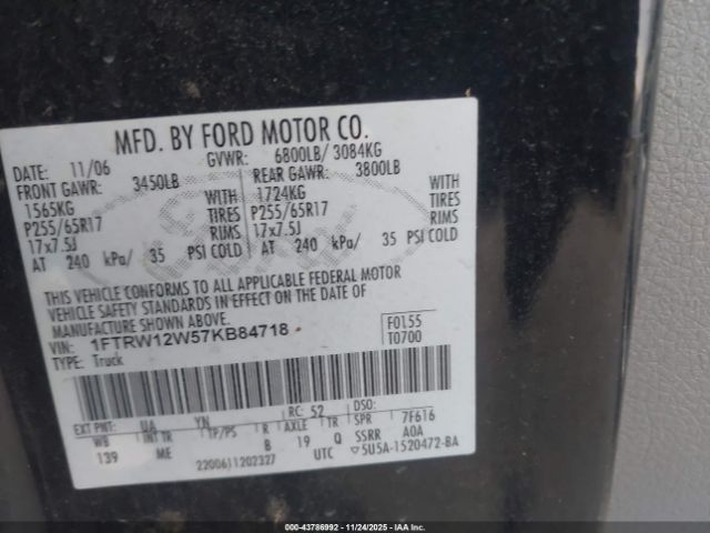 2007 FORD F-150 1FTRW12W57KB84718 Photo 8