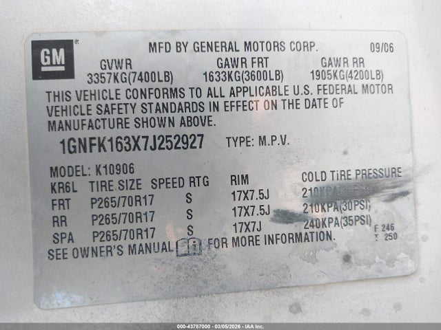 43787000 :رقم المزاد ، 1GNFK163X7J252927 vin ، 2007 Chevrolet Suburban 1500 Lt مزاد بيع