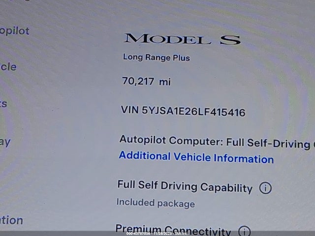 43787036 :رقم المزاد ، 5YJSA1E26LF415416 vin ، 2020 Tesla Model S Long Range Dual Motor All-wheel Drive/long Range Plus Dual Motor All-wheel Drive مزاد بيع