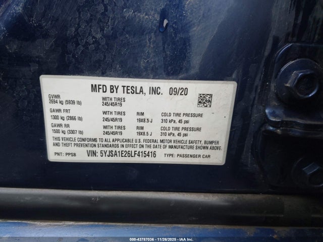 43787036 :رقم المزاد ، 5YJSA1E26LF415416 vin ، 2020 Tesla Model S Long Range Dual Motor All-wheel Drive/long Range Plus Dual Motor All-wheel Drive مزاد بيع