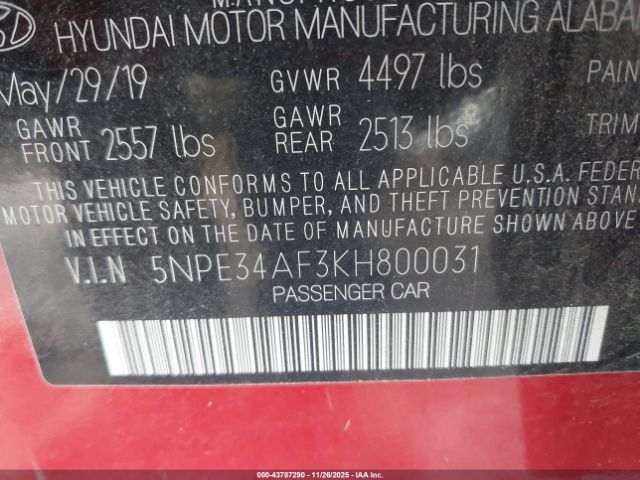 2019 HYUNDAI SONATA 5NPE34AF3KH800031 Photo 8