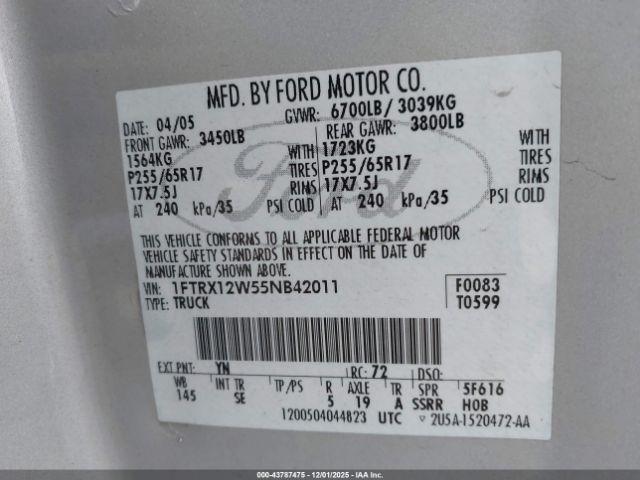 2005 FORD F-150 1FTRX12W55NB42011 Photo 8