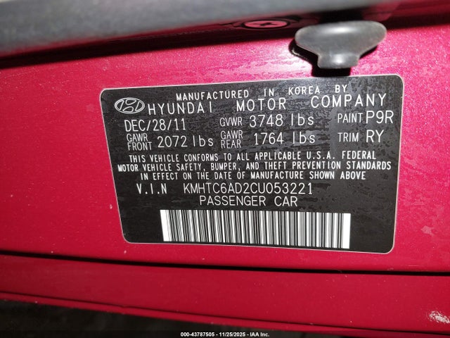 2012 Hyundai Veloster Base W/red/black მანქანა იყიდება აუქციონზე, vin: KMHTC6AD2CU053221, აუქციონის ნომერი: 43787505