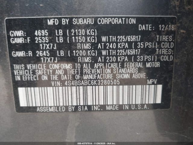 2019 SUBARU OUTBACK 4S4BSABC6K3280505 Photo 8