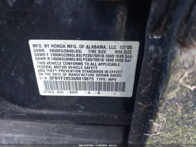 2006 HONDA PILOT 5FNYF28536B019875 Photo 8