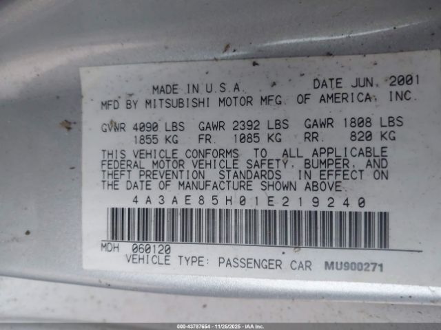 2001 MITSUBISHI ECLIPSE 4A3AE85H01E219240 Photo 8