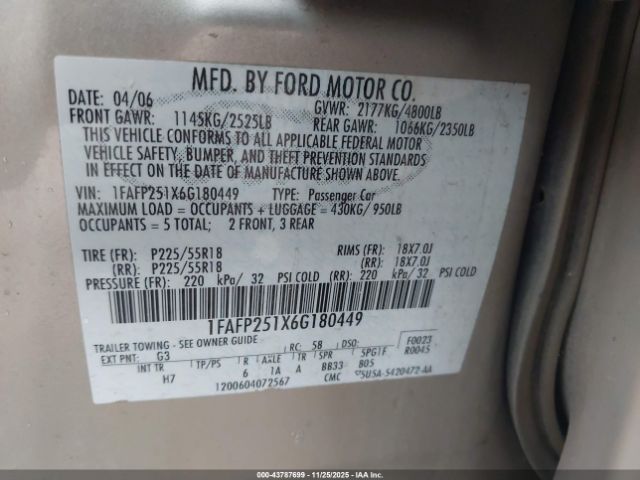 2006 FORD FIVE HUNDRED 1FAFP251X6G180449 Photo 8