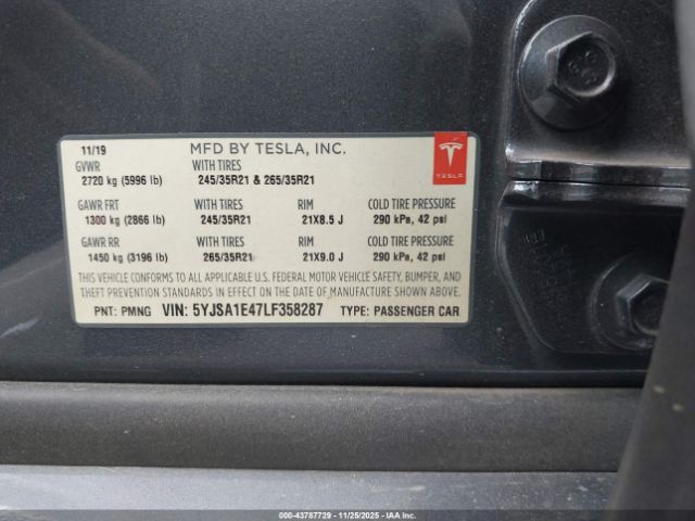 2020 TESLA MODEL S 5YJSA1E47LF358287 Photo 8
