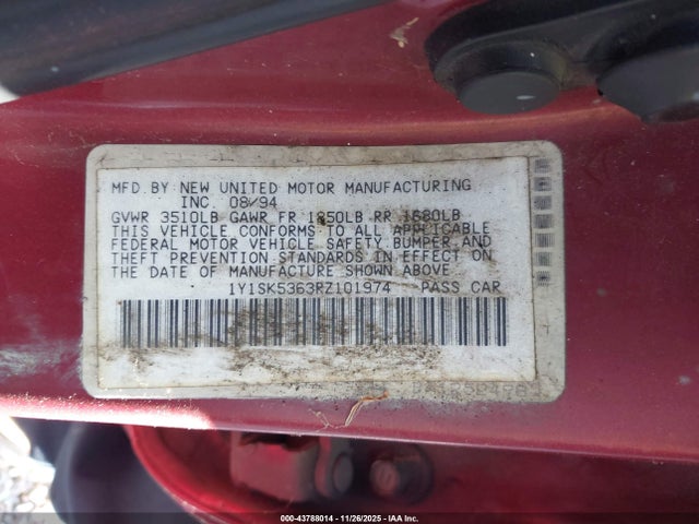 43788014 :رقم المزاد ، 1Y1SK5363RZ101974 vin ، 1994 Geo Prizm Lsi مزاد بيع