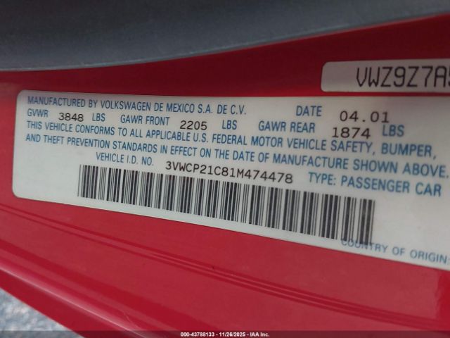 2001 VOLKSWAGEN NEW BEETLE 3VWCP21C81M474478 Photo 8