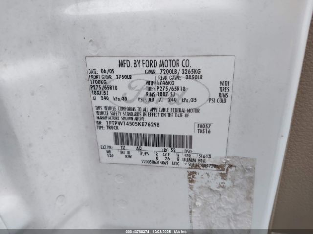 2005 FORD F-150 1FTPW14505KE76298 Photo 8