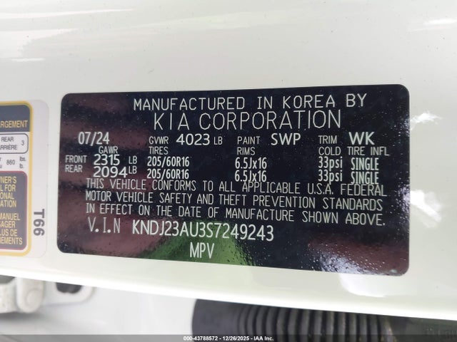 Aukcja sprzedaży 2025 Kia Soul Lx, vin: KNDJ23AU3S7249243, numer aukcji: 43788572