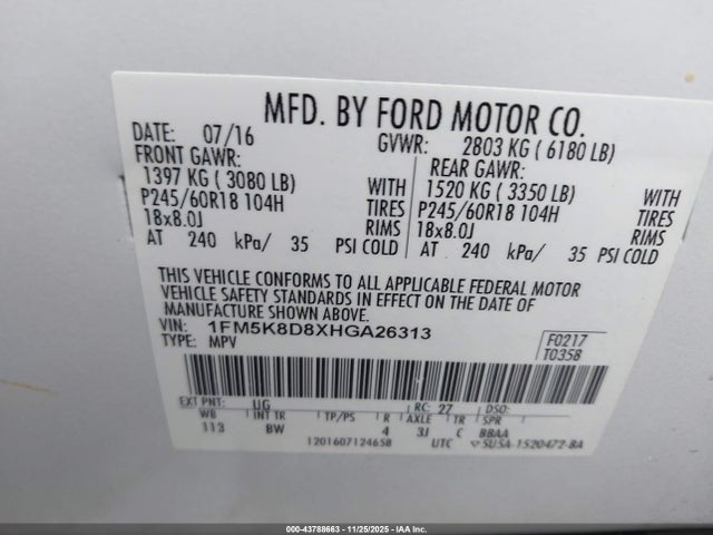 Aukcja sprzedaży 2017 Ford Explorer Xlt, vin: 1FM5K8D8XHGA26313, numer aukcji: 43788663