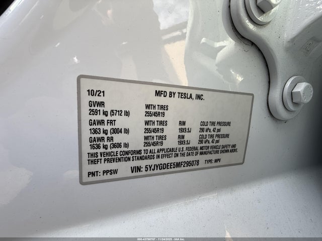 43788767 :رقم المزاد ، 5YJYGDEE5MF295078 vin ، 2021 Tesla Model Y Long Range Dual Motor All-wheel Drive مزاد بيع