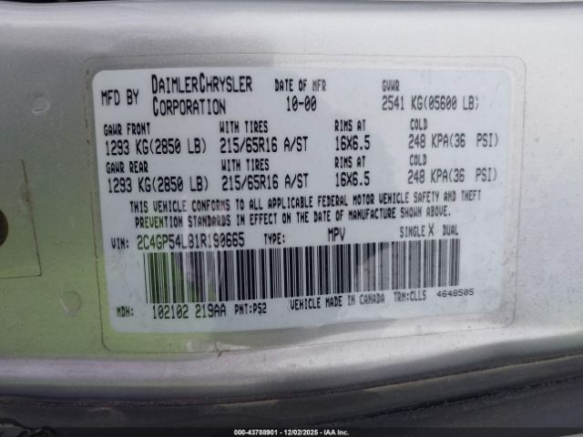 2001 CHRYSLER TOWN & COUNTRY 2C4GP54L81R190665 Photo 8