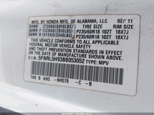 2011 HONDA ODYSSEY 5FNRL5H93BB053052 Photo 8