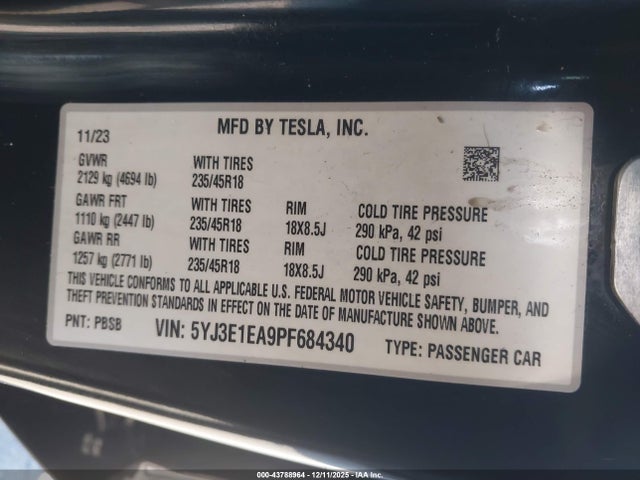 Aukcja sprzedaży 2023 Tesla Model 3 Rear-wheel Drive, vin: 5YJ3E1EA9PF684340, numer aukcji: 43788964